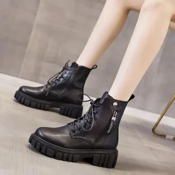2023 Женская обувь на платформе, женские ботинки с боковой молнией, зимние современные ботинки, женские туфли на квадратном каблуке с круглым носком на шнуровке, женские туфли на квадратном каблуке