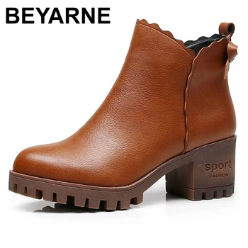 BEYARNEVintage/ Ботинки на платформе на среднем квадратном каблуке; женская зимняя обувь; 2021 г.; ботильоны из спилка; женские теплые плюшевые короткие ботинки;
