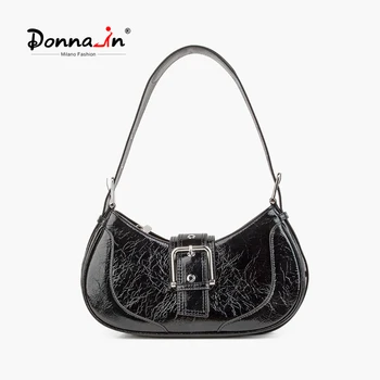 Donna-черная сумка-бродяга из натуральной кожи, модная сумка в виде полумесяца, пряжка, сумочка в виде полумесяца, модные сумки через плечо