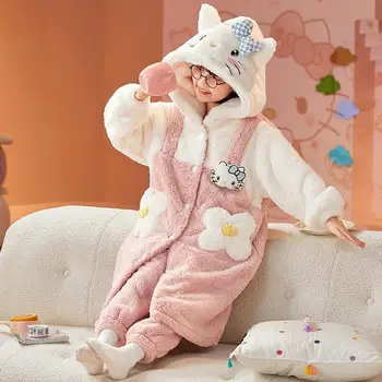 Kawaii Sanrios Hello Kittys Kuromi Cinnamoroll Детская Плюшевая Домашняя Одежда С Мультяшной Анимацией, Теплые Пижамы Для Родителей и Детей С Капюшоном, Комплект