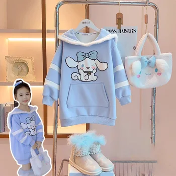 Sanrio Kawaii Cinnamoroll Аниме Платье с капюшоном с милым мультяшным персонажем, новое утолщенное теплое платье, детская одежда, подарок для детей
