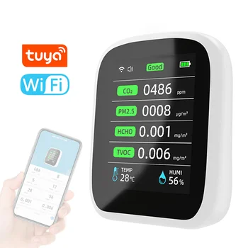 Tuya Wifi Портативный Измеритель Качества Воздуха 8в1 PM1.0 PM2.5 PM10 CO2 TVOC HCHO Тестер температуры и влажности Детектор углекислого газа