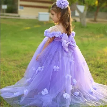 Атласная-линии продольного кисточкой рукавом поясом платье девушки цветка свадебные платья день рождения платье для причастия