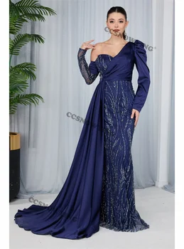 Атласные аппликации, вышитые бисером выпускные платья, вечерние платья с длинным рукавом на одно плечо, женское вечернее платье Robe De Soiree