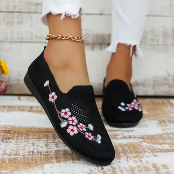 Балетки с цветочной вышивкой и эластичным переплетением, Женские лоферы, Демисезонная Повседневная обувь с дышащей сеткой, кроссовки-лодочки