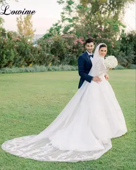 Белые элегантные свадебные платья из кружева и атласа, свадебные платья для сада трапециевидной формы с длинными рукавами, мусульманские свадебные платья
