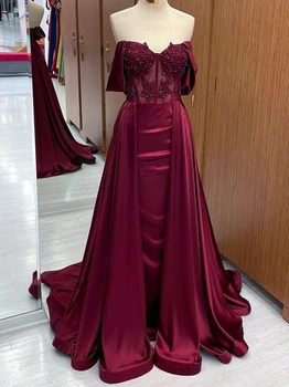 Бордовый атлас, вечерние платья в виде русалки, элегантные вечерние платья с открытыми плечами, кружевные бусы, платья для выпускного вечера