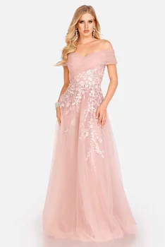 Весенние элегантные платья для выпускного вечера из тюля трапециевидной формы 2023, блестящая цветочная аппликация с открытыми плечами, сексуальное вечернее свадебное платье без рукавов