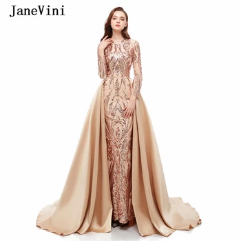 Вечернее платье JaneVini цвета шампанского, расшитое блестками, 2019, со съемным шлейфом, длинными рукавами, роскошные вечерние платья в арабском стиле Русалки