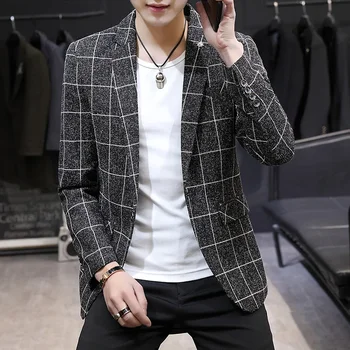 Высококачественная мужская мода, деловая Корейская повседневная комфортная рабочая одежда для вечеринок, приталенный пиджак в британском стиле, мужской клетчатый блейзер