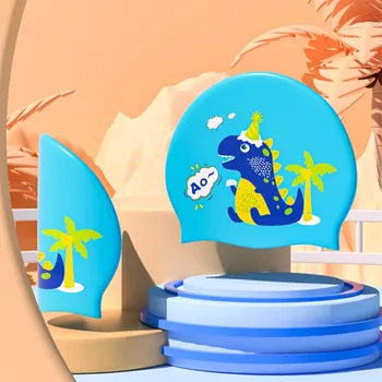 Гибкая Силиконовая Детская шапочка для плавания с рисунком Динозавра, Свободный Размер, Шапочка для бассейна, Водонепроницаемая защита ушей, Шапочки для купания, Детские