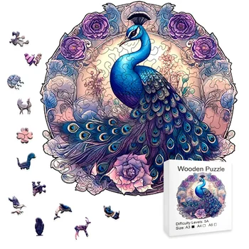 Деревянный пазл Purple Peacock ручной работы, элегантность для всех возрастов, идеальный подарок для почитателей павлинов и любителей головоломок