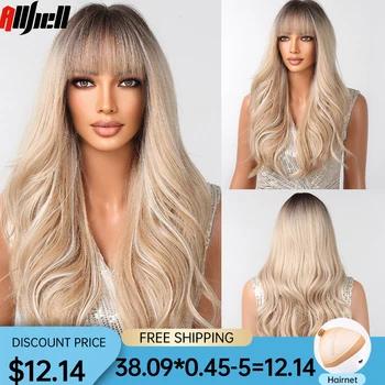 Длинный синтетический парик цвета Блонд Омбре для женщин Platinum Highlight Body Волнистые Парики с челкой для ежедневного косплея из натуральных волос Термостойкие