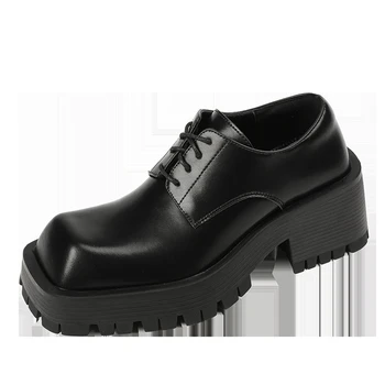 Женские туфли-лодочки с квадратным носком в стиле ретро, обувь на платформе на толстой подошве, женские туфли на высоком массивном каблуке со шнуровкой, женские черные туфли для выпускного вечера