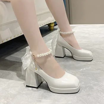 Женские элегантные однотонные туфли-лодочки на высоком каблуке с квадратным носком, модные женские туфли-лодочки на каблуке, свадебные туфли с жемчужным кружевом для женщин