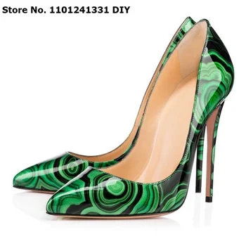 Зеленый узор Whirlpool, женские модельные туфли на тонком высоком каблуке с острым носком, женские туфли-лодочки без застежки на шпильках