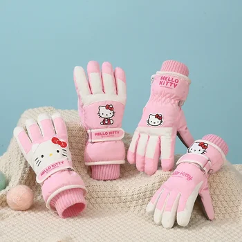 Зимние Sanrio Hello Kitty Cinnamoroll Теплые Перчатки Для Среднего Ребенка, Детские Лыжные Перчатки, Милые 28 см, Плюшевые, Бархатные, Хлопковые, Водонепроницаемые, Подарок