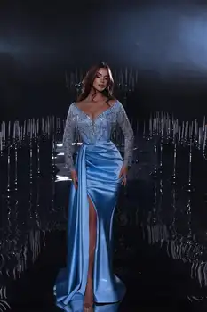 Модное великолепное длинное платье для выпускного вечера синего цвета с V-образным вырезом в виде рыбьего хвоста, элегантное вечернее платье с разрезом и длинным рукавом в виде русалки, расшитое блестками и бисером.