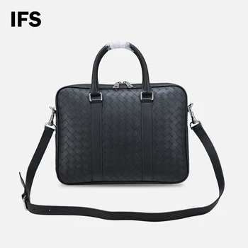 Мужская сумка для ноутбука IFS, модная роскошная дорожная сумка через плечо, портфель, мужская деловая тканая сумка из натуральной кожи