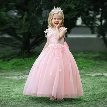 Новое детское свадебное платье принцессы с вышивкой в виде цветка без спинки для девочек, подиумное платье