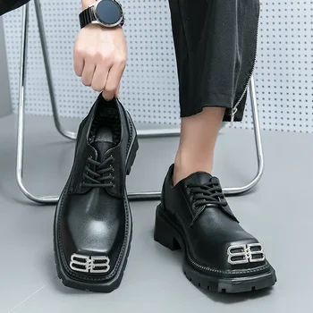 Новые черные Мужские туфли-Дерби на платформе Со шнуровкой и Квадратным Носком, Модная Мужская обувь, Размер 38-44