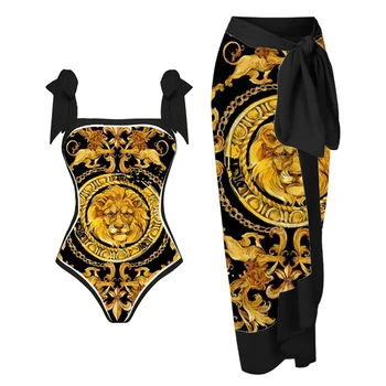 Обратимый цельный купальник с принтом Золотого Льва, роскошный винтажный комплект Танкини на цепочке, Женская пляжная одежда 2023 года, подтяжки для отжиманий