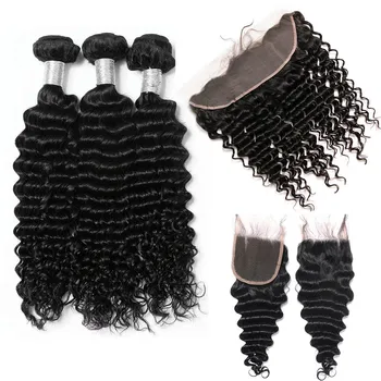 Пучки бразильских волос Remy с глубокой волной и застежкой, натуральные пучки человеческих волос черного цвета с фронтальными 3-х пучковыми предложениями