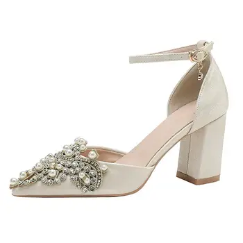 Размер 30-44 Свадебные туфли с жемчугом и пряжкой из горного хрусталя, женские туфли на высоком каблуке с пряжкой подружки невесты D'orsay и из двух частей
