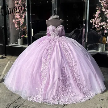 Розовые платья Quincenara с бантом с открытыми плечами Бальное платье с цветочной аппликацией Из кружева Sweet 15 Vestidos De XV Años