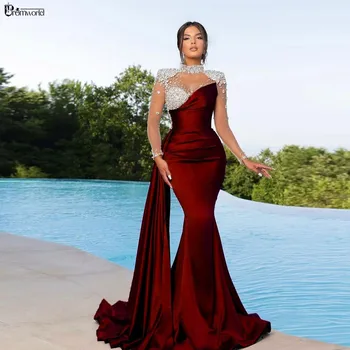 Роскошное бордовое вечернее платье для женщин 2024 Платья для официальных мероприятий С драпированным шлейфом, Элегантные платья для свадебных вечеринок, выпускного вечера, Vestidos De Gala