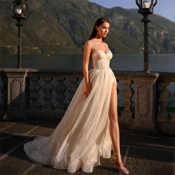 Свадебное платье ADORZA, ремешок из бисера, Иллюзия Свадебного платья, современный блестящий вырез в виде сердечка, Придворный шлейф, Vestido De Noiva для невесты