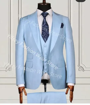 Светло-голубой Полный мужской костюм для свадьбы Жениха, сшитый на заказ элитными брендами, мужской пиджак, жилет, брюки, приталенный блейзер для выпускного вечера, брюки, наряд