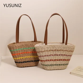 Соломенная сумка YUSUNIZ, тканая сумка на одно плечо, модная ручная сумка большой емкости, портативная сумка для отдыха, женские пляжные сумки для отдыха