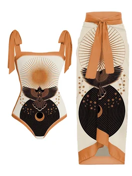 Цельный купальник с принтом Sunrise Eagle, женские купальники 2023, бикини и юбка с оранжевым галстуком, летняя повседневная пляжная одежда для отдыха