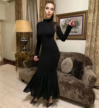 Черные Элегантные платья для выпускного вечера с длинными рукавами, высокий воротник, молния сзади, Женская одежда в Дубае, вечернее платье Русалки