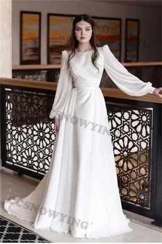Элегантное Мусульманское свадебное платье с круглым вырезом и длинными пышными рукавами, расшитое бисером, Шифоновое Арабское свадебное платье для невесты, Вечернее платье в арабском стиле